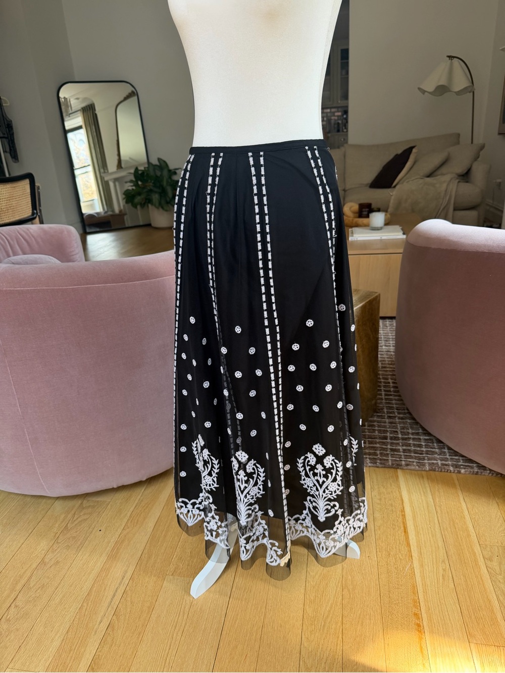 Western Black Embroidered A-Line Maxi Skirt with White Motif